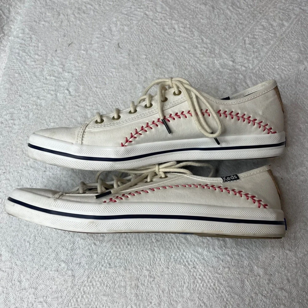 Keds Kickstart Baseball Canvas Sneakers Cream Red Stitching Womens Shoes